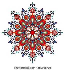 Vector abstract round ornament. Bright colors retro style design element. Ethnic decorative circle composition. Can be used for fabrics, wallpapers, ornamental template for design and decoration, etc