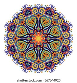 Vector abstract round ornament. Bright colors retro style design element. Ethnic decorative circle composition. Can be used for fabrics, wallpapers, ornamental template for design and decoration, etc