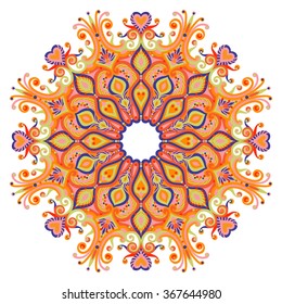 Vector abstract round ornament. Bright colors retro style design element. Ethnic decorative circle composition. Can be used for fabrics, wallpapers, ornamental template for design and decoration, etc