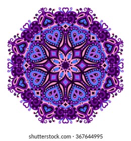 Vector abstract round ornament. Bright colors retro style design element. Ethnic decorative circle composition. Can be used for fabrics, wallpapers, ornamental template for design and decoration, etc