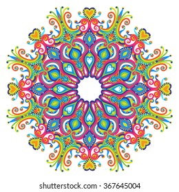 Vector abstract round ornament. Bright colors retro style design element. Ethnic decorative circle composition. Can be used for fabrics, wallpapers, ornamental template for design and decoration, etc