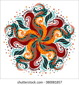 Vector abstract round ornament. Bright colors retro style design element. Ethnic decorative circle composition. Can be used for fabrics, wallpapers, ornamental template for design and decoration, etc