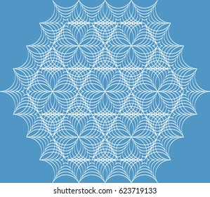 Vector abstract round ornament. Retro style design element. White lace on blue background.