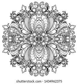 Vector abstract round pattern composition in doodle style. Floral, ornate, decorative, nature design elements. Black and white background. Zentangle coloring book page