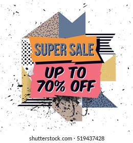 Vector abstract sale poster in retro 80s, 90s memphis style with geometric elements and grunge splash. Trendy modern background