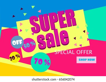 Vector abstract sale poster in retro 80s, 90s memphis style with geometric elements and grunge splash. Trendy retro background