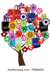 vector abstract sale tree with shopping bags and flowers