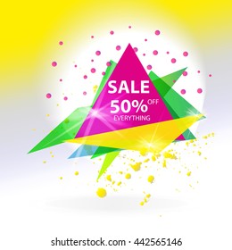 Vector abstract sale triangle banner. Artistic gradient geometric backdrop for graphic design, poster, flayer, cover, 
leaflet, label, coupon. Vector fractal sale sticker illustration.