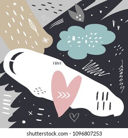 Vector abstract scandinavian print with heart and cloud. Stylized painting poster. Clipart, isolated details.