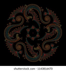 Vector abstract scarf humorous print with dragon monsters on a black background. Rosette from dark colorful hand drawn flowers and fantasy ornate cute dinosaur. Tee shirt print, pillow embroidery