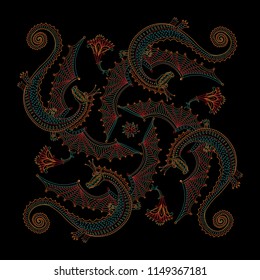 Vector abstract scarf humorous print with dragon monsters on a black background. Rosette from dark colorful hand drawn flowers and fantasy ornate cute dinosaur. Tee shirt print, pillow embroidery