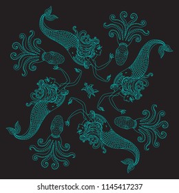 Vector abstract scarf print with fairy tale mermaids on a black background. Rosette from dark turquoise hand drawn fantasy ornate cute octopus. Tee shirt print, pillow embroidery