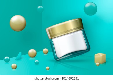 Vector abstract scene with transparent cosmetics jar.  Bright turquoise and golden background with geometric shapes.