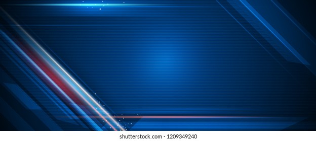 Vector Abstract, science, futuristic, energy technology concept. Digital image of light rays, stripes lines with blue light, speed and motion blur over dark blue background