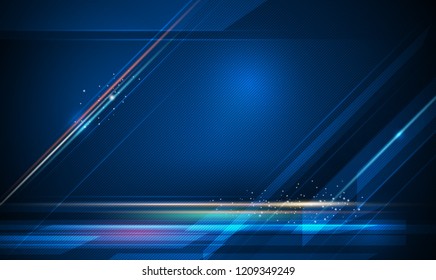 Vector Abstract, science, futuristic, energy technology concept. Digital image of light rays, stripes lines with blue light, speed and motion blur over dark blue background