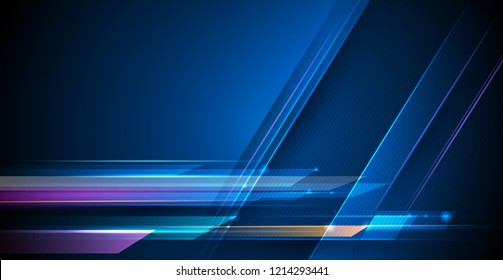 Vector Abstract, science, futuristic, energy technology concept. Digital image of light rays, stripes lines with blue light, speed and motion blur over dark blue background