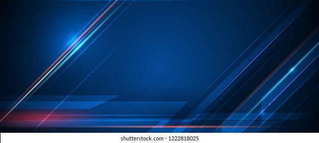 Vector Abstract, science, futuristic, energy technology concept. Digital image of light rays, stripes lines with blue light, speed and motion blur over dark blue background