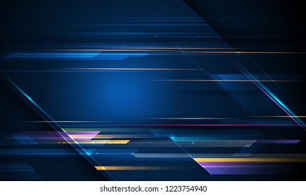 Vector Abstract, science, futuristic, energy technology concept. Digital image of light rays, stripes lines with blue light, speed and motion blur over dark blue background