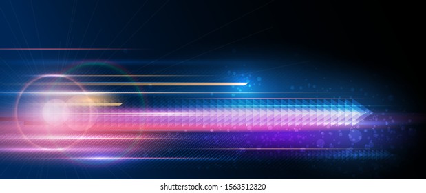 Vector Abstract, science, futuristic, energy technology concept. Digital image of light rays, stripes lines with blue light, speed and motion blur over dark blue background