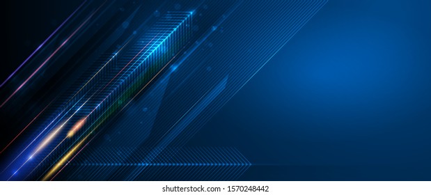 Vector Abstract, science, futuristic, energy technology concept. Digital image of light rays, stripes lines with blue light, speed and motion blur over dark blue background