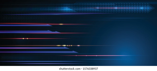 Vector Abstract, science, futuristic, energy technology concept. Digital image of arrow sign, light rays, stripes lines with blue light,speed movement pattern and motion blur over dark blue background