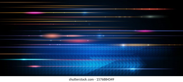 Vector Abstract, Science, Futuristic, Energy Technology Concept. Digital Image Of Arrow Sign, Light Rays, Stripes Lines With Blue Light,speed Movement Pattern And Motion Blur Over Dark Blue Background