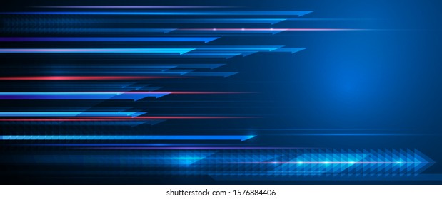 Vector Abstract, science, futuristic, energy technology concept. Digital image of arrow sign, light rays, stripes lines with blue light,speed movement pattern and motion blur over dark blue background