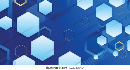 Vector Abstract, science, futuristic, energy technology concept. Digital image of polygon overlap, golden stripes lines with blue light, speed and motion blur over dark blue background