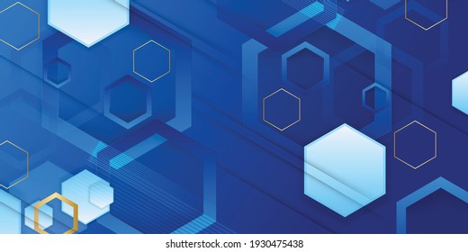 Vector Abstract, science, futuristic, energy technology concept. Digital image of polygon overlap, golden stripes lines with blue light, speed and motion blur over dark blue background