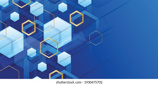 Resumen de vectores, concepto científico, futurista, tecnología energética. Imagen digital de solapamiento de polígonos, líneas de rayas doradas con luz azul, velocidad y desenfoque de movimiento sobre fondo azul oscuro