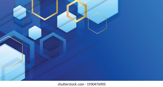 Vector Abstract, science, futuristic, energy technology concept. Digital image of polygon overlap, golden stripes lines with blue light, speed and motion blur over dark blue background