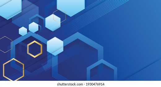 Vector Abstract, science, futuristic, energy technology concept. Digital image of polygon overlap, golden stripes lines with blue light, speed and motion blur over dark blue background