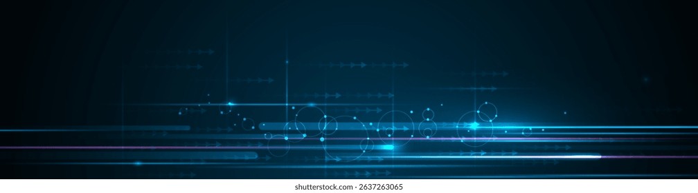Vector Abstract, science, futuristic, energy technology concept for wallpaper background. Digital image design, line pattern, texture, neon - blue light, motion blur over dark blue gradient background