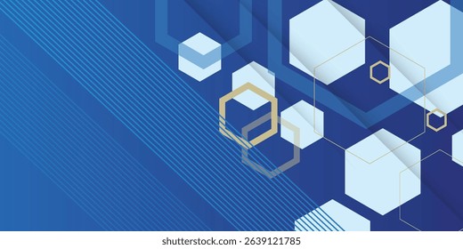 Vector Abstract, science, futuristic, energy technology concept. Digital image of polygon overlap, golden stripes lines with blue light, speed and motion blur over dark blue background