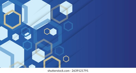 Vector Abstract, science, futuristic, energy technology concept. Digital image of polygon overlap, golden stripes lines with blue light, speed and motion blur over dark blue background