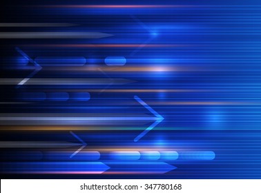 Vector Abstract, science, futuristic, energy technology concept. Digital image of arrow sign, stripes lines with blue light, speed and motion blur over dark blue background