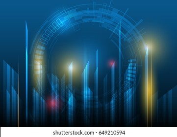 Vector Abstract, science, futuristic, energy technology concept. Digital image of light rays, stripes lines with blue light, speed and motion blur over dark blue background