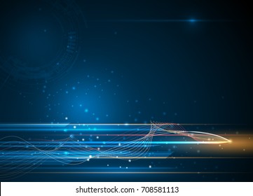 Vector Abstract, science, futuristic, energy technology concept. Digital image of light rays, stripes lines with blue light, speed and motion blur over dark blue background