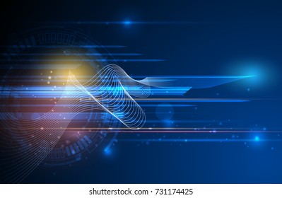 Vector Abstract, science, futuristic, energy technology concept. Digital image of light rays, stripes lines with blue light, speed and motion blur over dark blue background