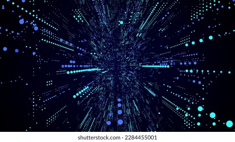 Túnel azul de ciencia ficción abstracto vectorial. Ciberespacio de base de datos digital. Algoritmos de decodificación hackearon software en el embudo. Agujero con ciberseguridad de las partículas. portal 3D.