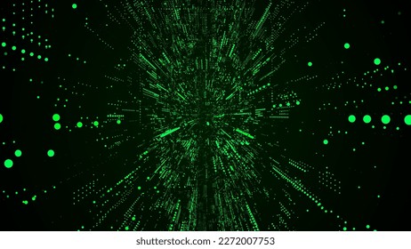 Vector abstract sci-fi green tunnel. Digital database cyberspace. Decoding algorithms hacked software in funnel. Wormhole with cyber security from particles. 3D portal. svg