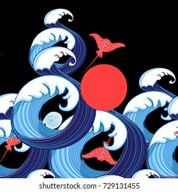 Vector abstract sea background with waves and rays on a dark background