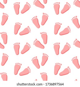 Vector abstrakt nahtlos Hintergrund mit Baby Fußabdrücken. Silhouetten auf weißem Hintergrund. Rosa Symbole. Ideal für Papier, Karte, Tapete, Banner, Stoff, Interieur.
