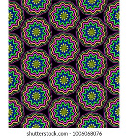 Vector abstract seamless background. Bright colorful abstract flowers on black background.