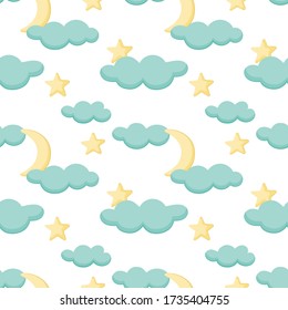 Vector abstract seamless background with clouds, moon, stars. Great for paper, card, wallpaper, banner, fabric, interior. Endless pattern.
