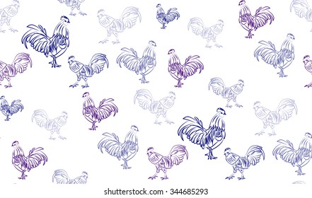 Vector abstract seamless background of cocks. Chaotic cocks.