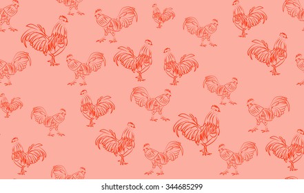 Vector abstract seamless background of cocks. Chaotic cocks.