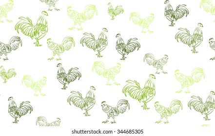 Vector abstract seamless background of cocks. Chaotic cocks.
