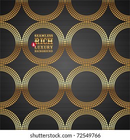 Vector abstract seamless background with golden luxury round elements on a dark metal texture