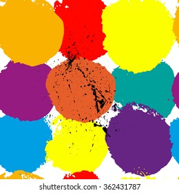 Vector abstract seamless background with hand drawn paint elements. Colorful multiply ink drops splattered isolated on white backdrop. Good for package design, prints, any graphic and interior design.